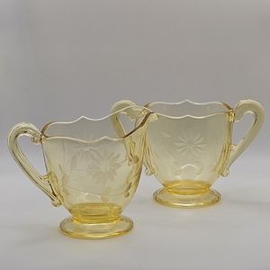 Vintage Lancaster Jubilee Yellow Depression Glass Creamer & Sugar Set
